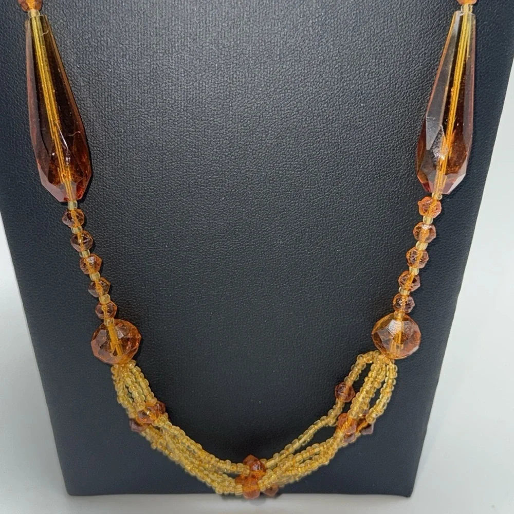 Pretty long amber/ brown colored beaded necklace boho hippie western